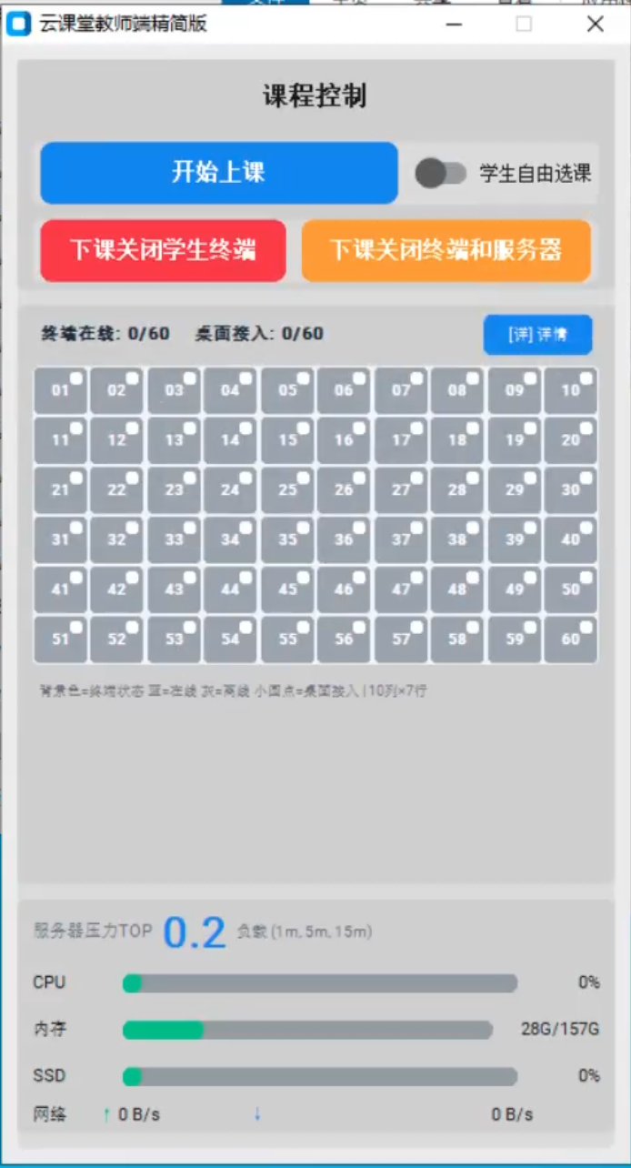 下课空闲状态教师端主界面：终端全部离线、环境干净、等待下一次上课